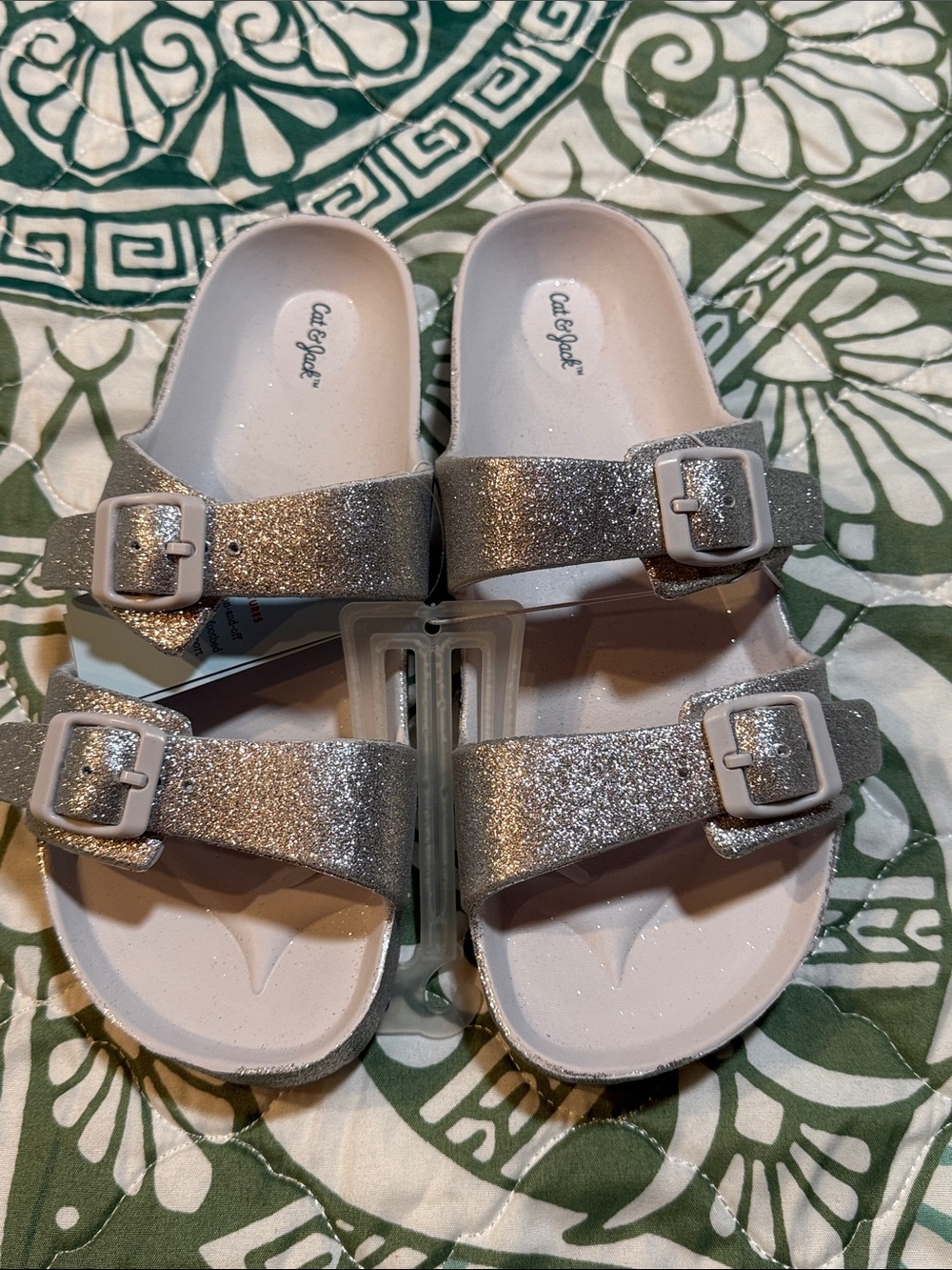 NWT Cat & Jack Glitter Double-Buckle Silver Kids Sandals